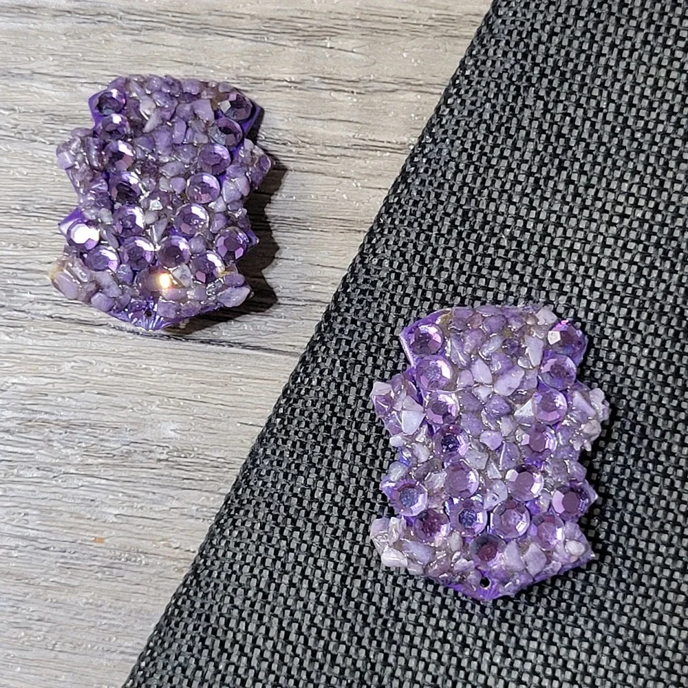 1980s Art Deco revival pierced‎ earrings amethyst chips purple acrylic artisan